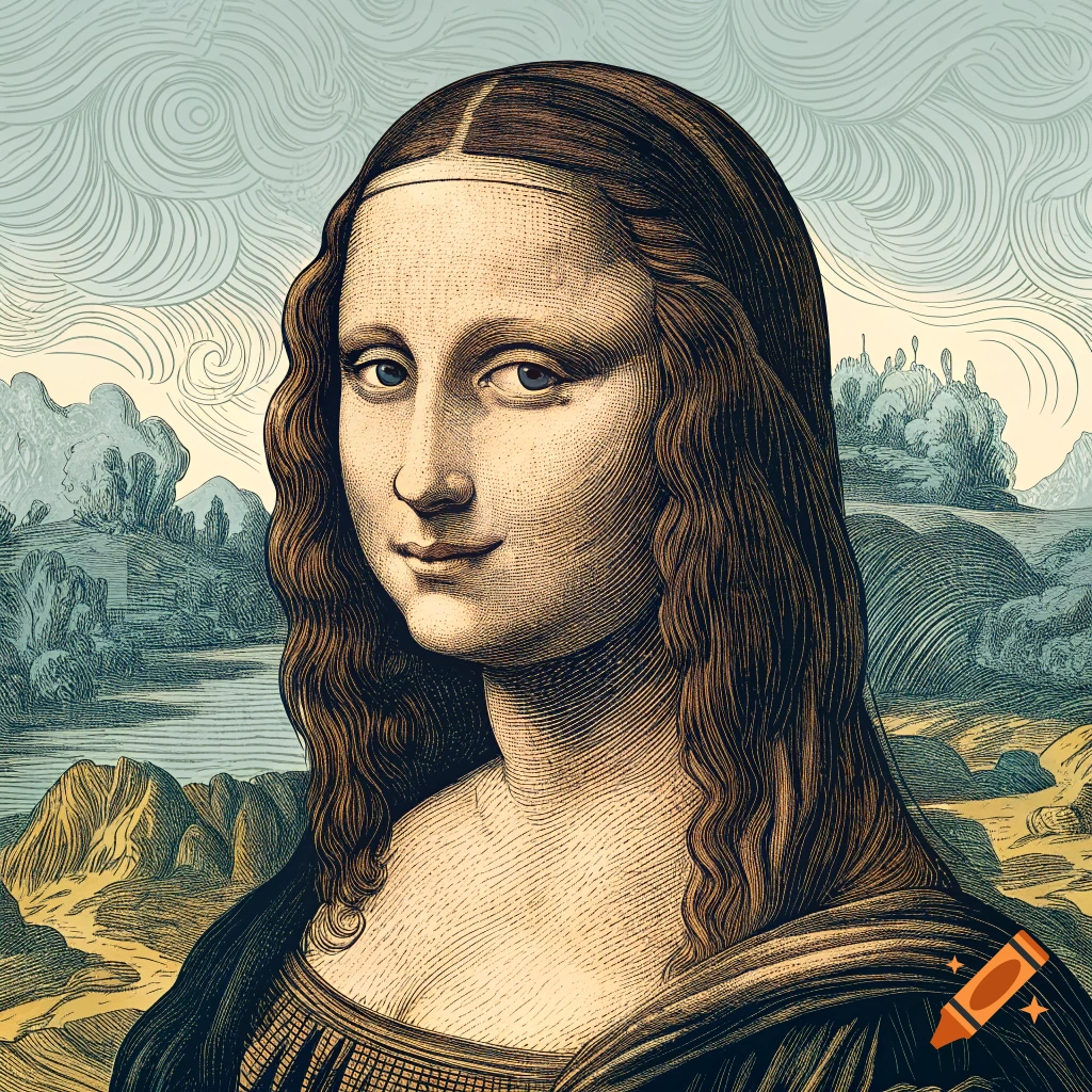Portrait of the Mona Lisa in an antique etching style with landscape background.