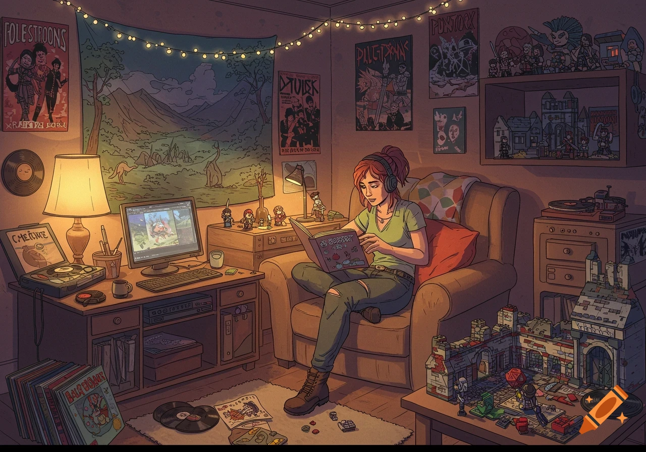 An illustration of a person reading in a cozy room filled with records, games, and models.