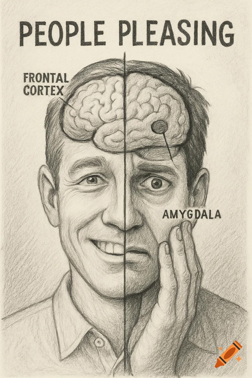 Pencil drawing of a man's face split vertically, one side smiling with the frontal cortex highlighted, the other anxious with the amygdala highlighted. Text reads "PEOPLE PLEASING".