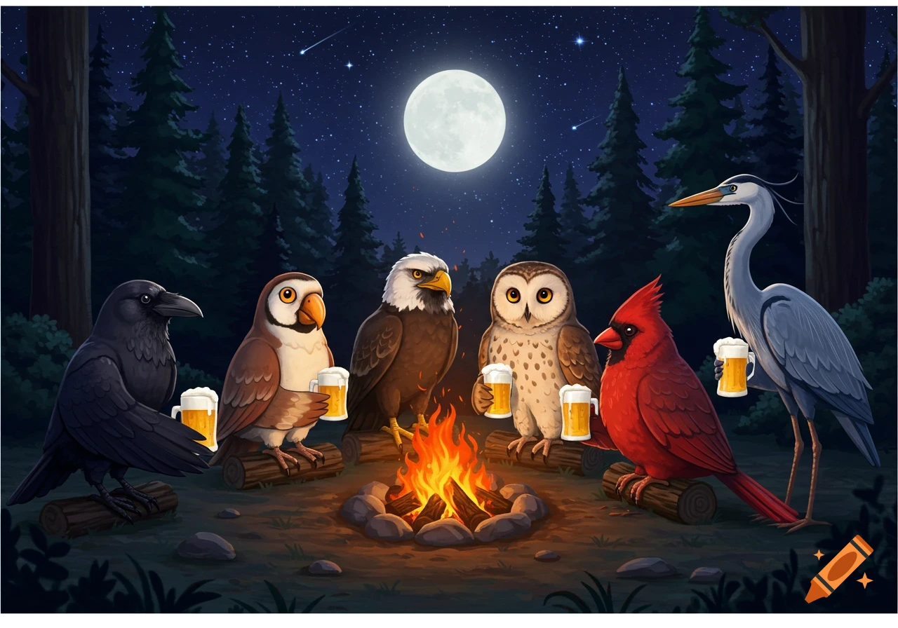 Different birds sitting around a campfire at night under a full moon, drinking beer.