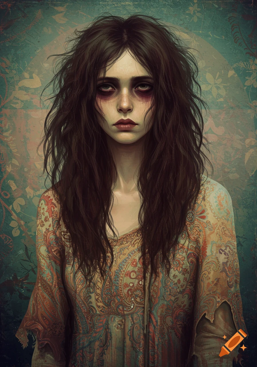 Portrait of a woman with dark messy hair, heavy eye makeup, and a patterned dress against a textured background.