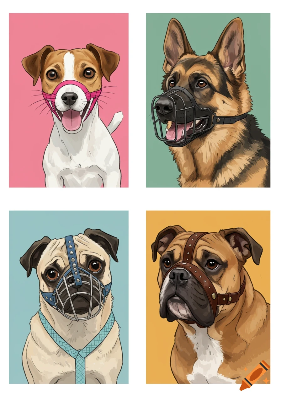 Graphic portraits of four different dog breeds wearing muzzles.