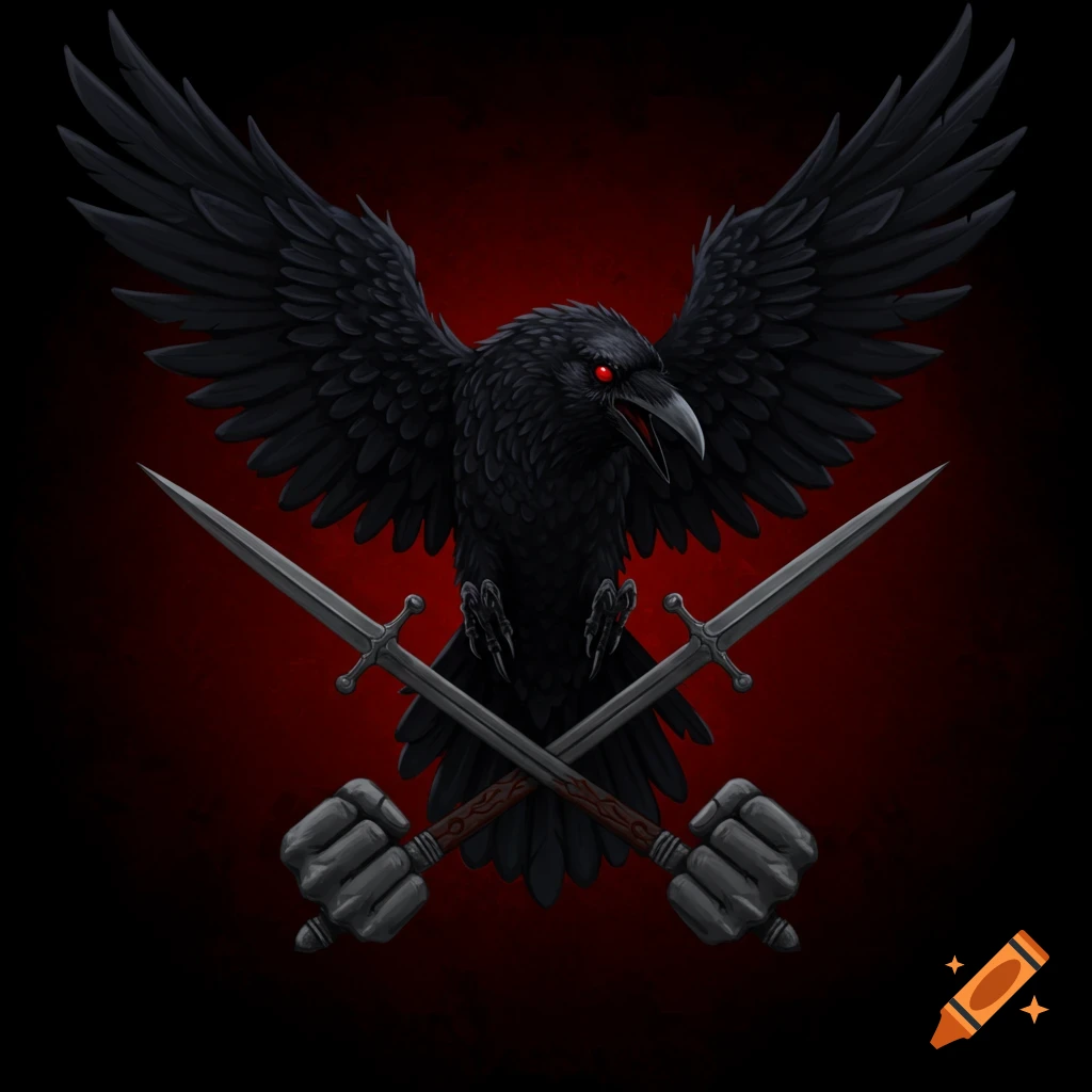 A black crow with red eyes flies above crossed swords held by fisted hands on a dark red background.