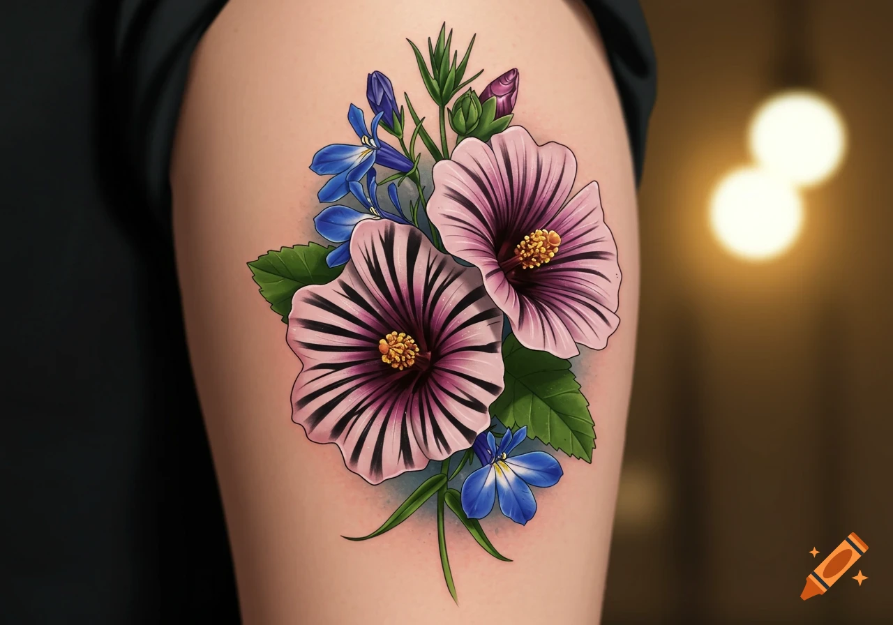 A floral tattoo featuring pink and purple striped flowers and blue flowers on a person's limb.