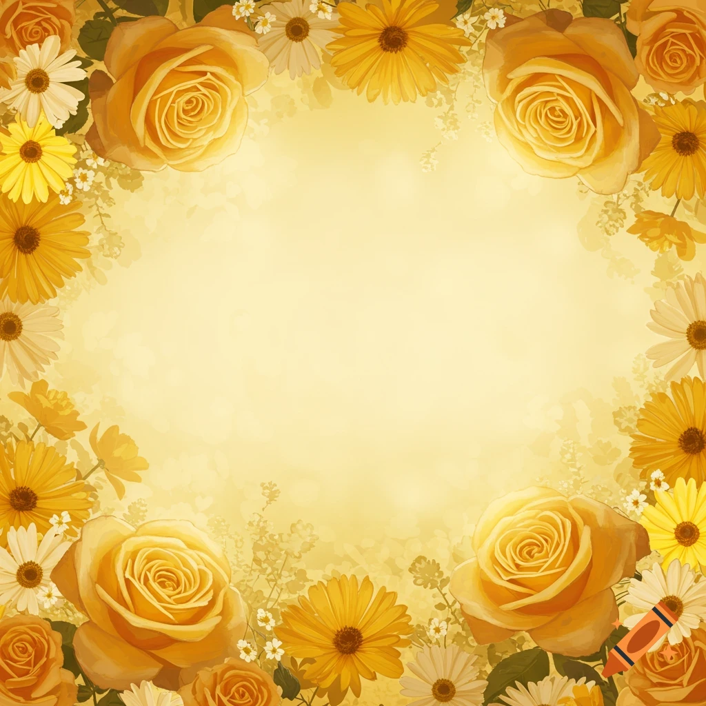 A border of yellow roses, marigolds, and daisies on a yellow background.