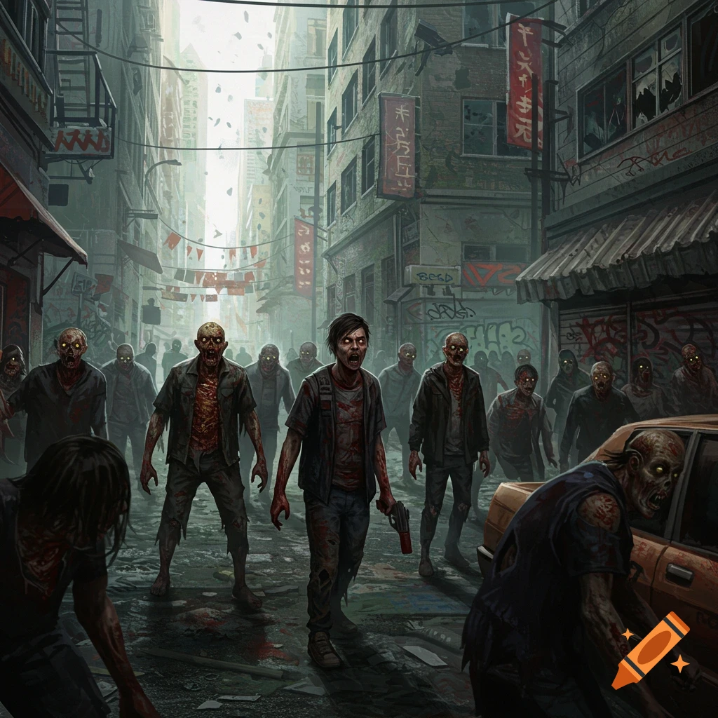 A horde of zombies shambles down a city street in an illustration.