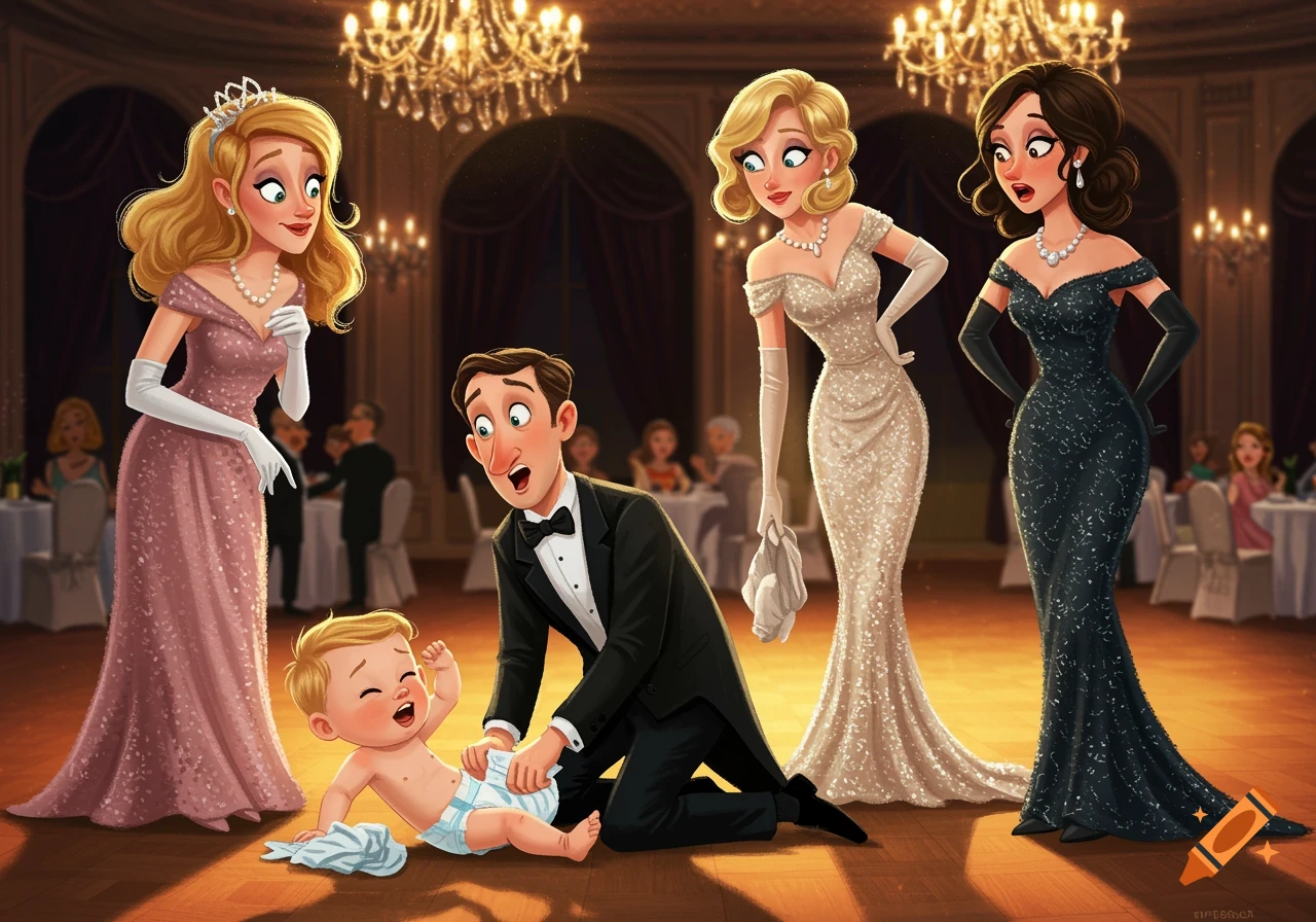 Illustration of a man changing a baby's diaper at a formal event as two women look on.