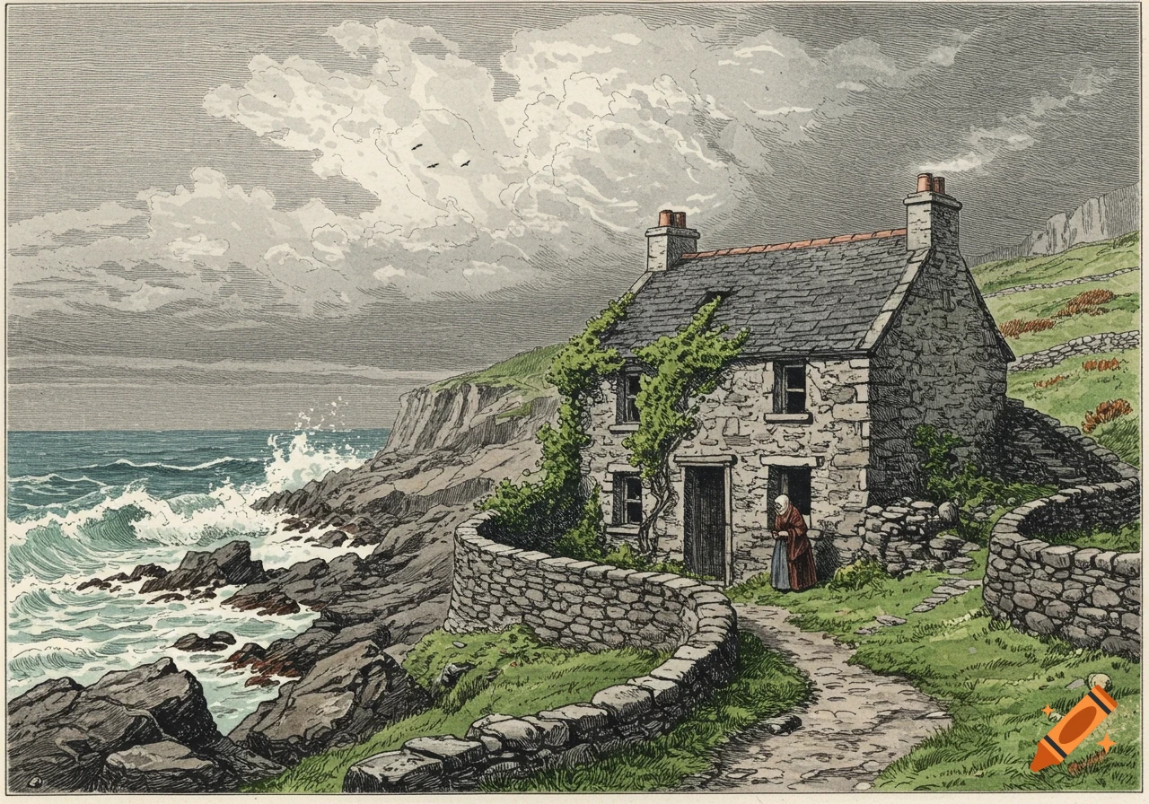 Illustration of a stone cottage on a rocky coast with a person at the door, under stormy skies.