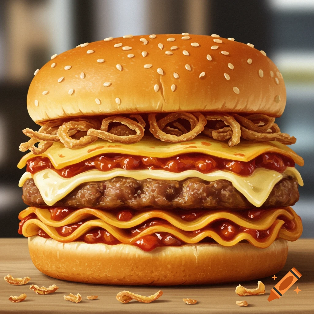 Close-up photorealistic illustration of a large burger with multiple layers of cheese, sauce, and onion rings on a wooden surface.