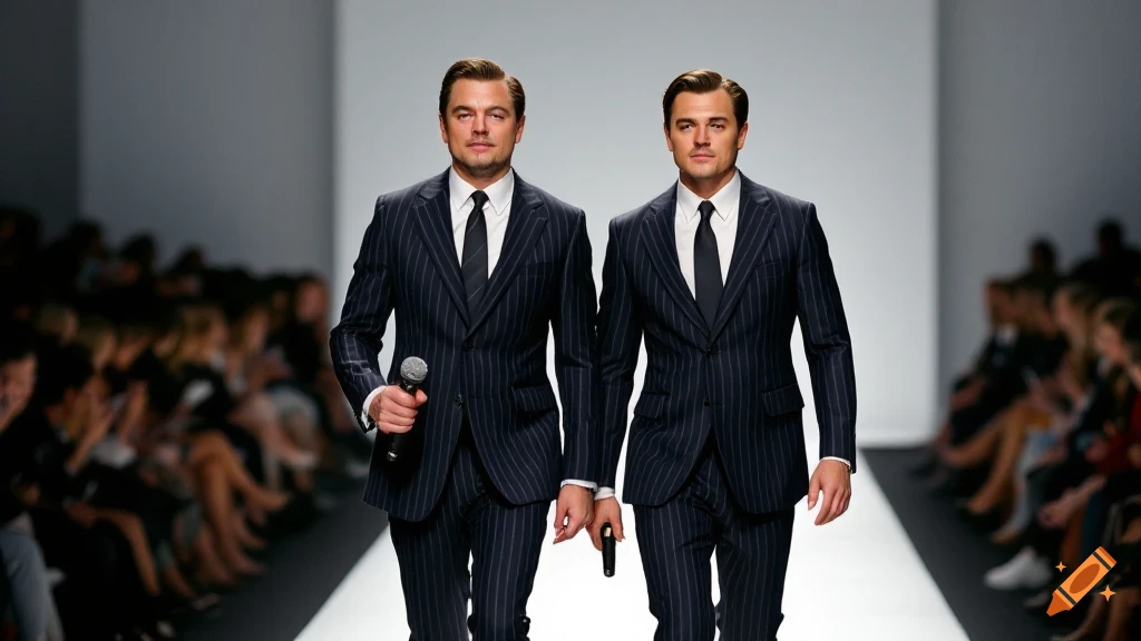 Two men in pinstripe suits walk down a fashion runway
