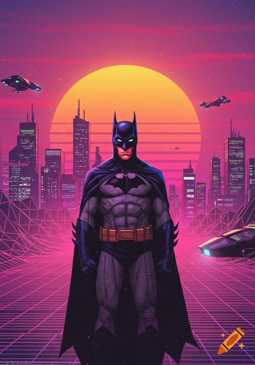 Batman stands in a futuristic cityscape at sunset in a vaporwave style.