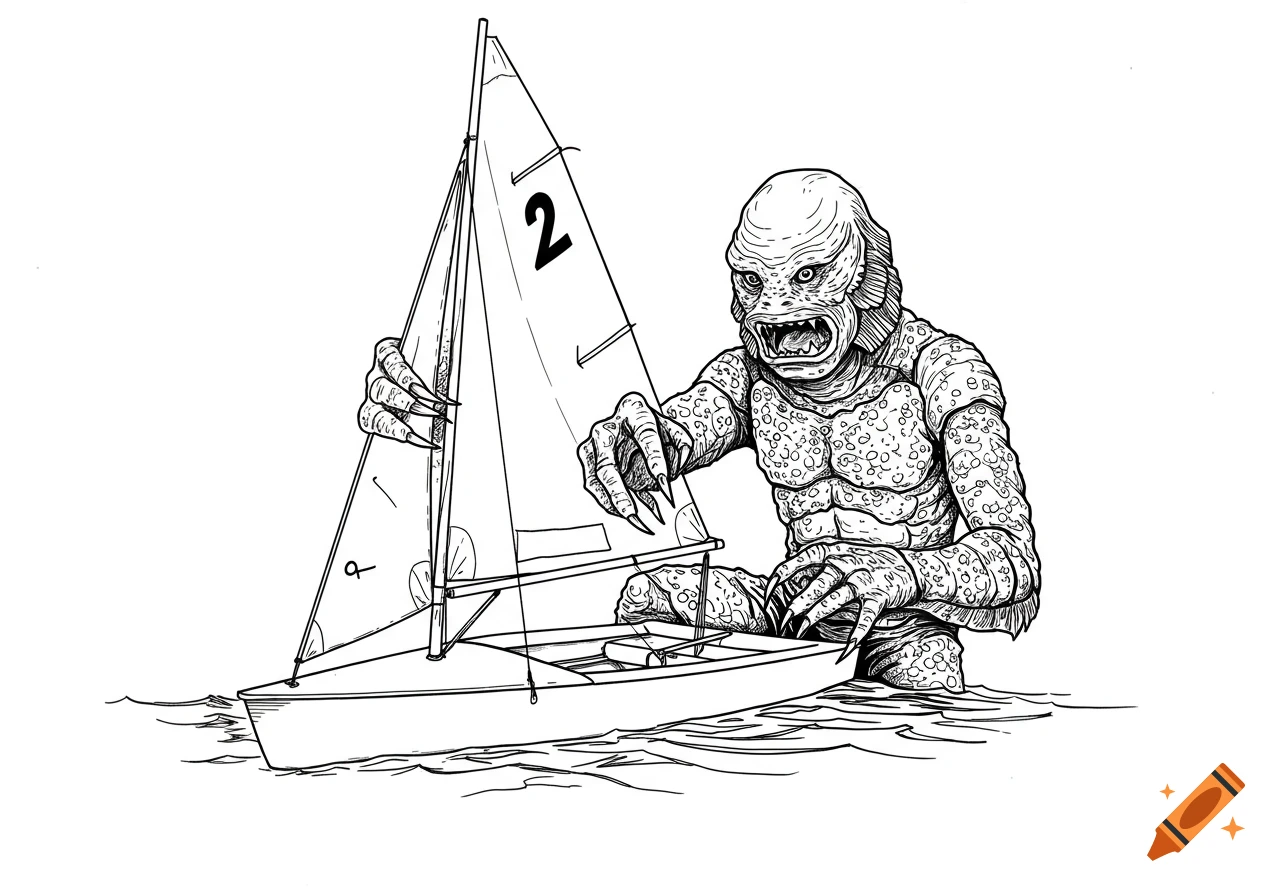 Black line drawing of the Creature from the Black Lagoon holding a sailboat on the water.