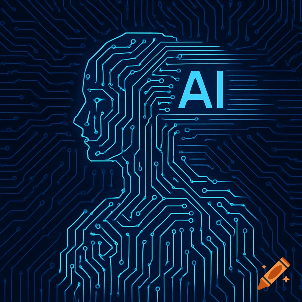 Digital circuit board pattern forming a human figure silhouette with glowing lines and the text AI.