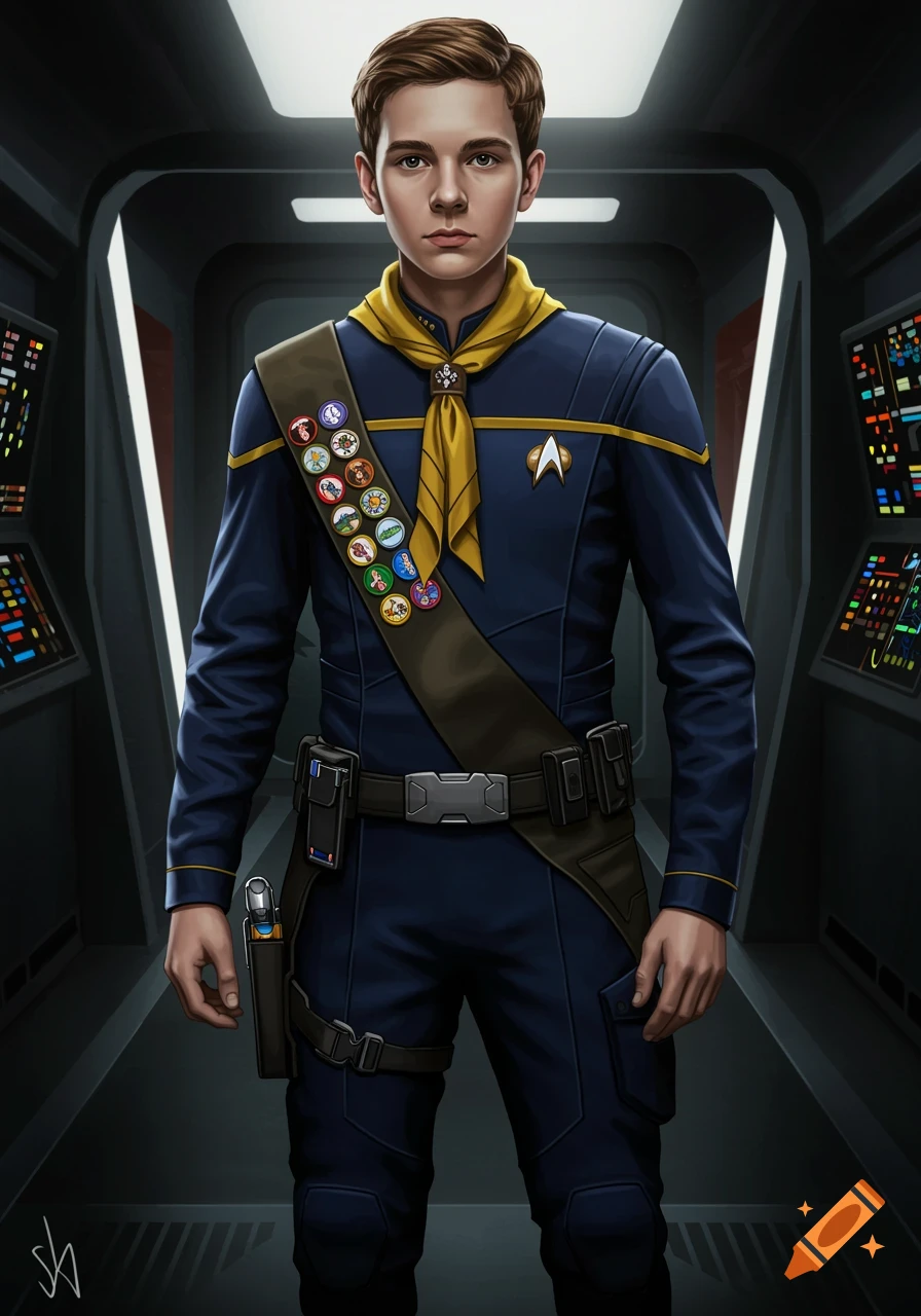 Person in a Star Trek style Boy Scout uniform stands in a spaceship corridor.