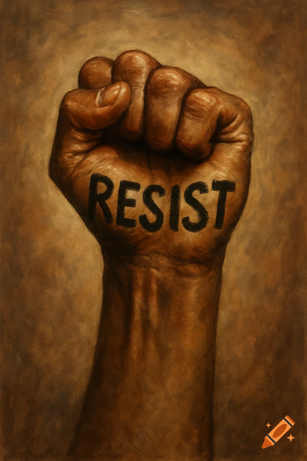 A raised fist with the word RESIST written on it, in a painterly style.