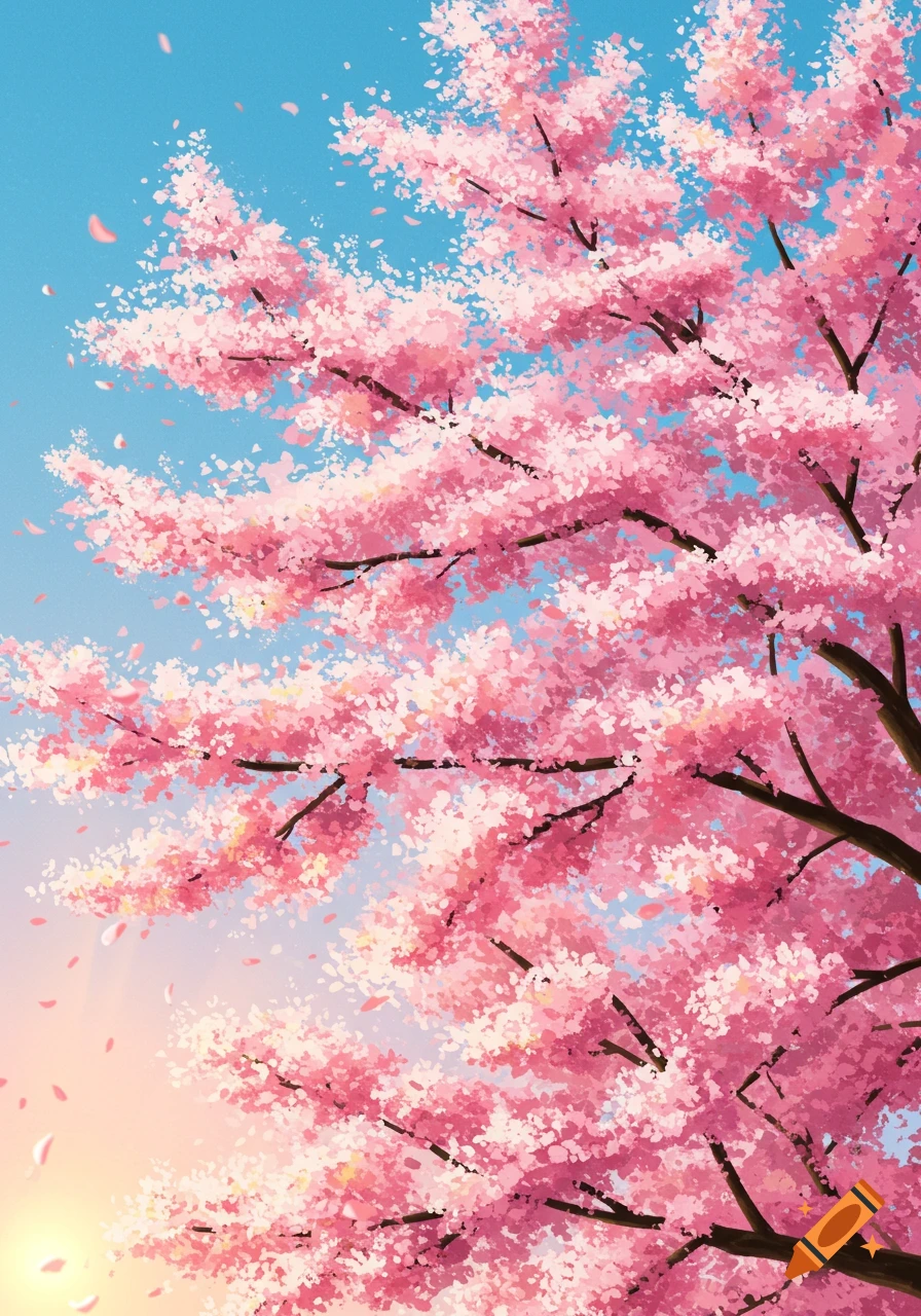 Pink cherry blossoms on a tree against a blue sky in an anime style.