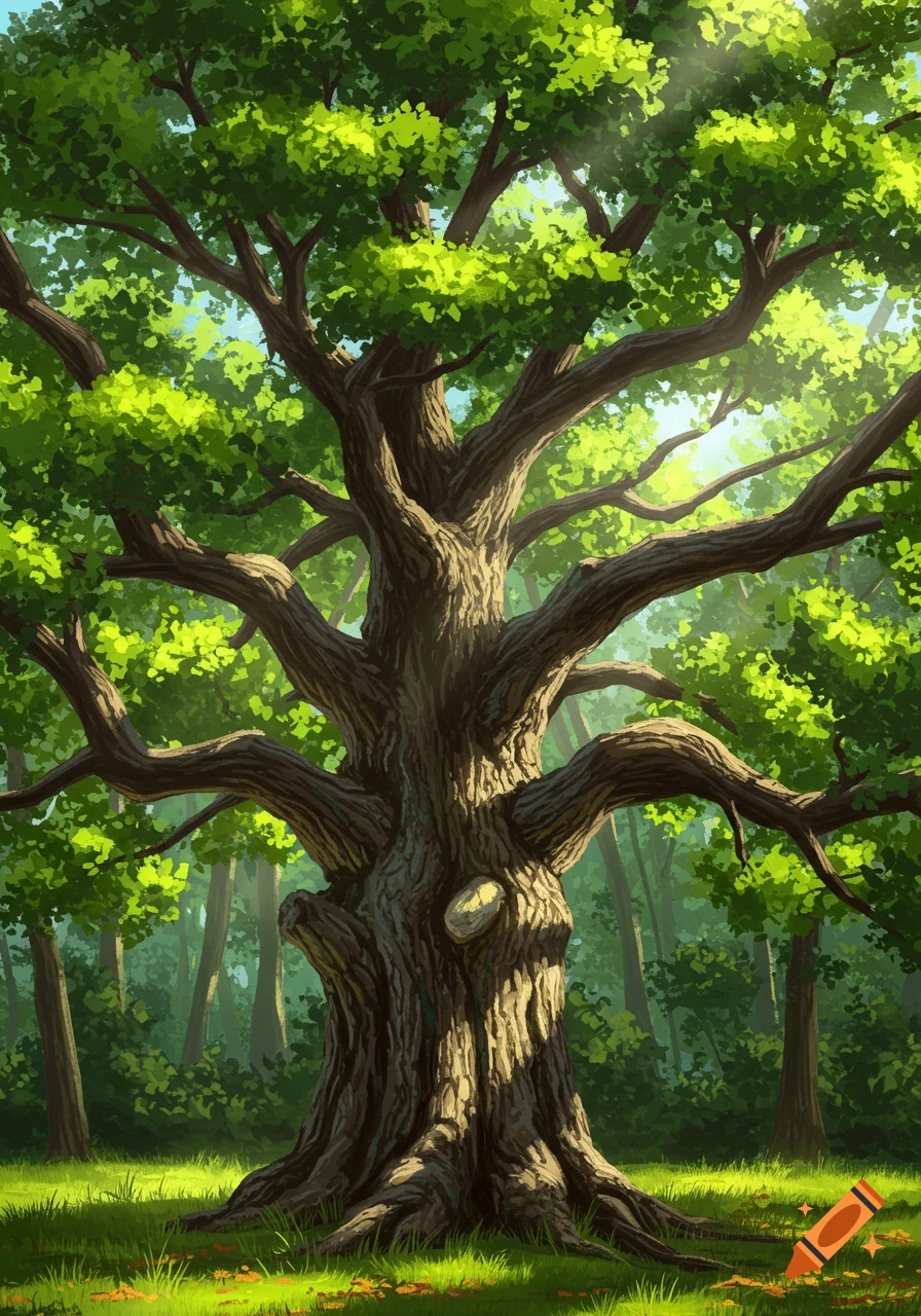 A large, detailed tree with green leaves stands in a forest clearing, with sunlight filtering through the branches.