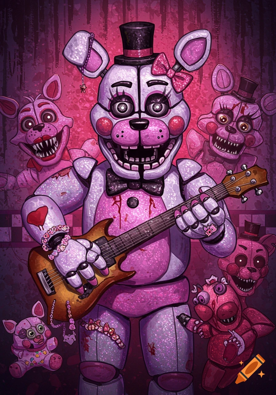 Stylized illustration of FNAF-style animatronics with glitter, pastel colors, and a guitar.