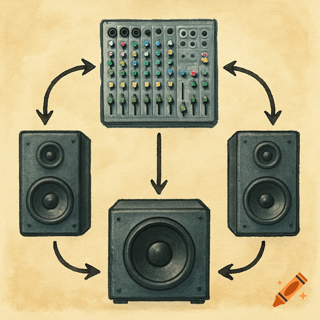 An illustration showing a diagram of an audio setup with a mixer, two speakers, and a subwoofer connected by arrows.