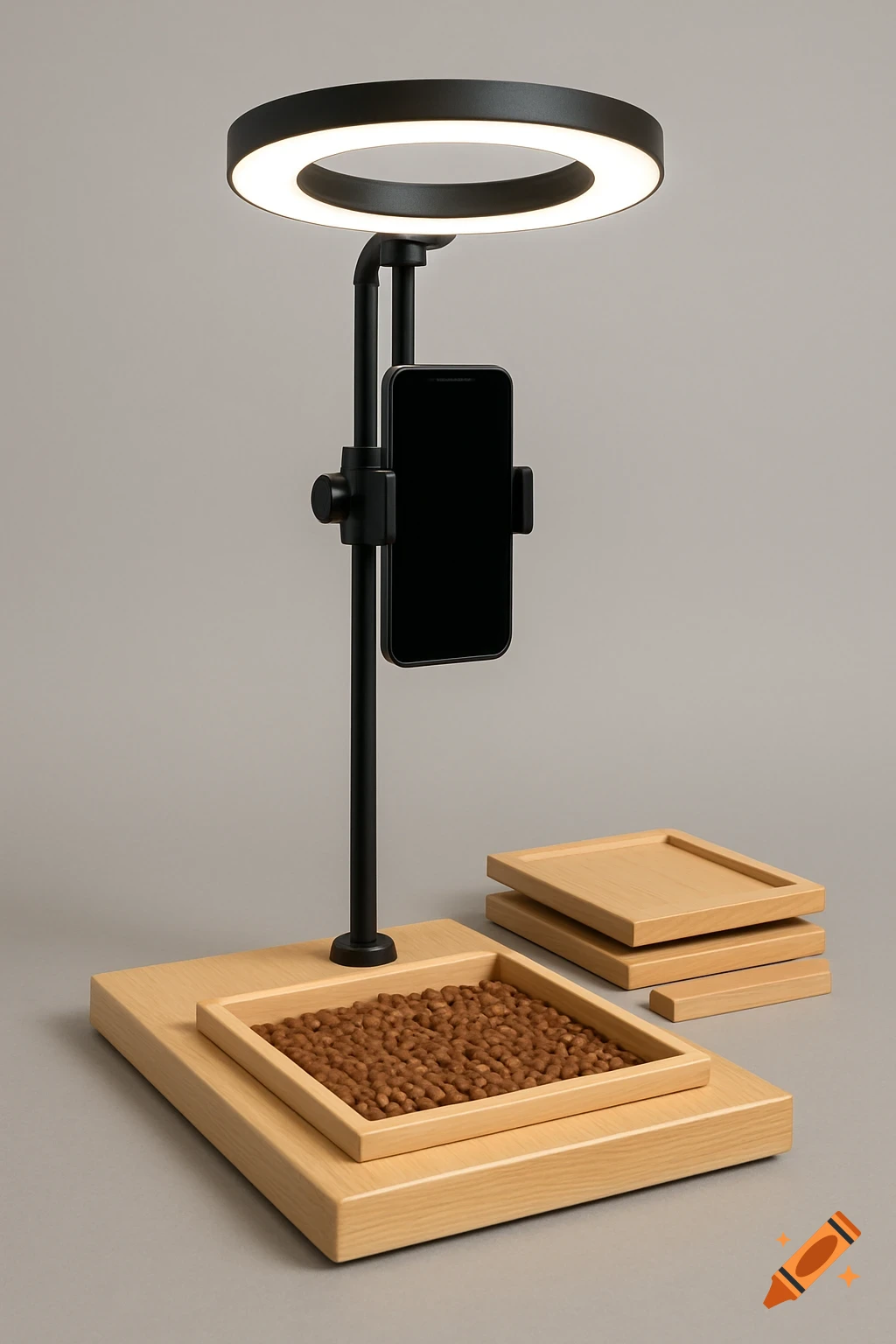 Photography setup with ring light, phone holder, wooden base, and trays of seeds.