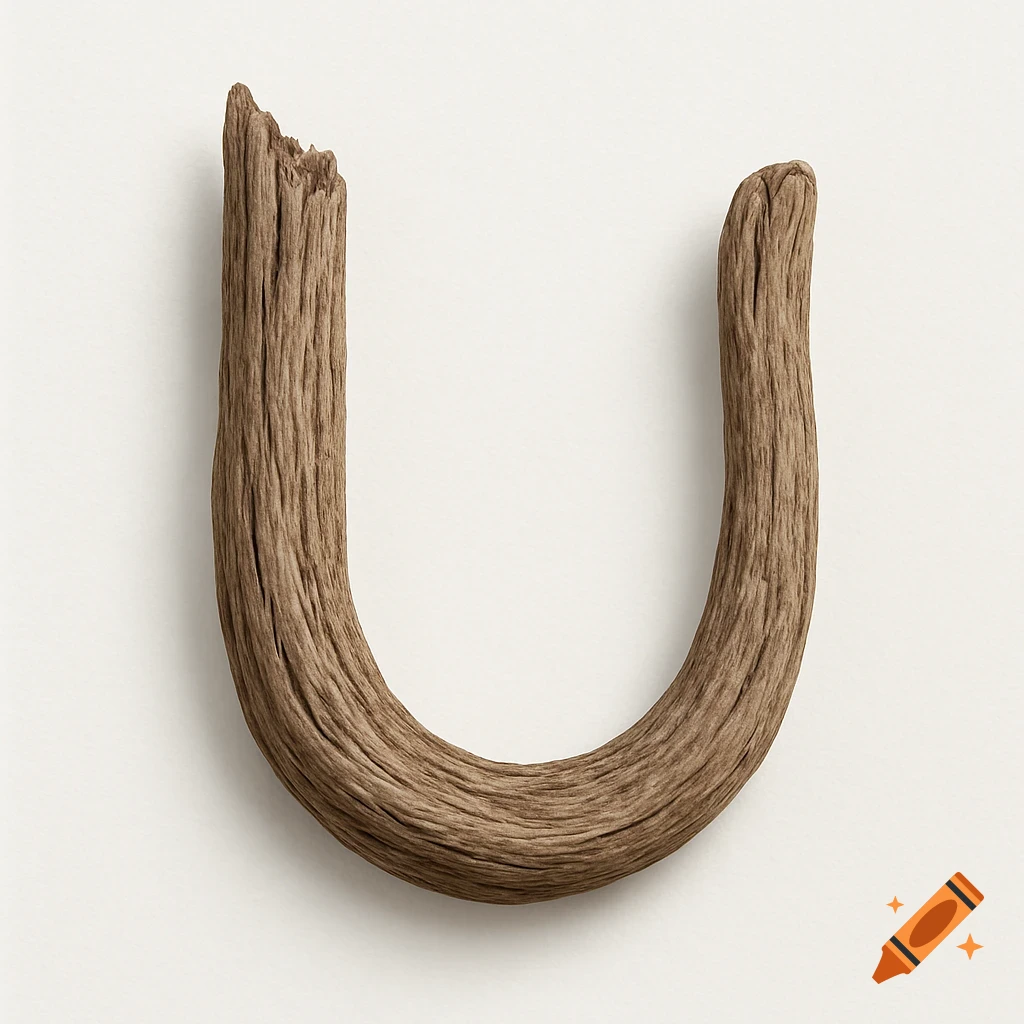 The letter U made from a piece of driftwood on a white background.