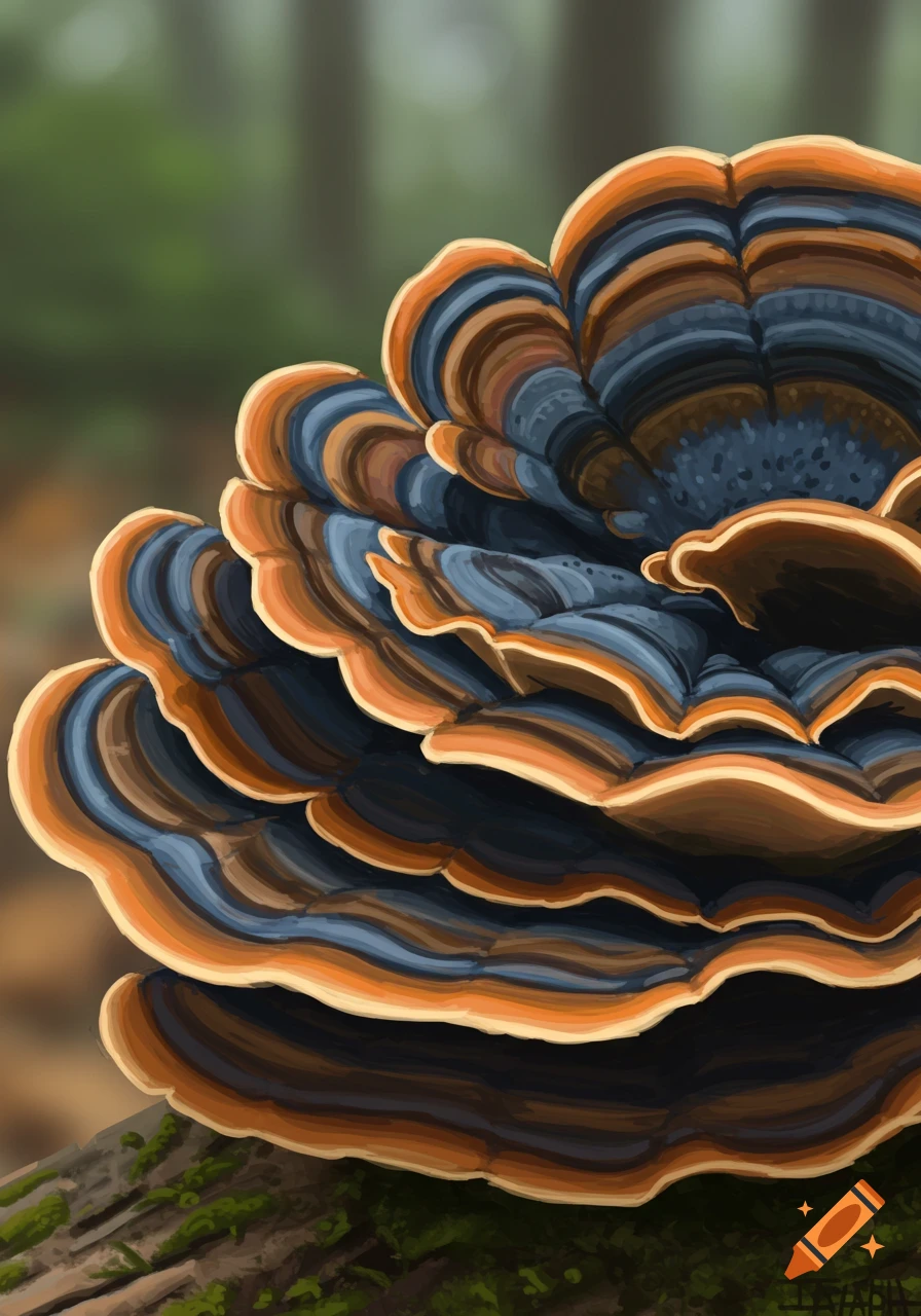 Close-up digital painting of a colorful turkey tail mushroom on a mossy log.