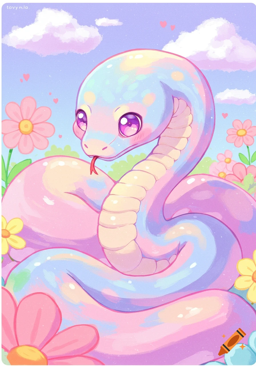 A cute pastel-colored snake with big eyes is coiled among pink and yellow flowers under a blue sky with clouds and hearts, illustration.