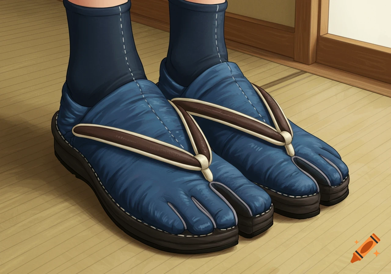 Feet wearing blue tabi socks and split-toe sandals on a tatami floor.