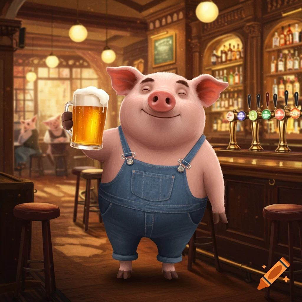 Cartoon pig standing in a pub holding a beer.