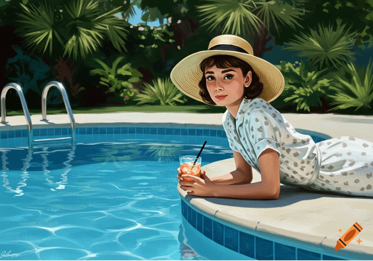 Painting of a woman in a hat lounging by a pool with a drink.