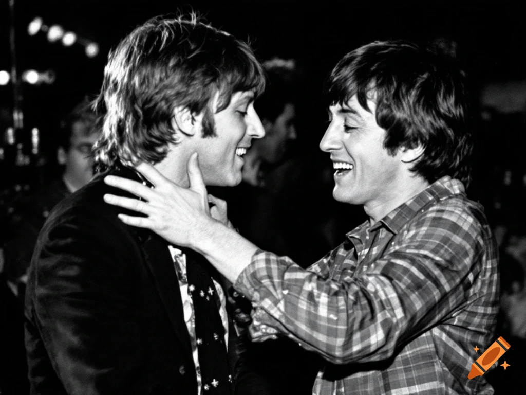 Black and white photo of two men resembling John Lennon and Paul McCartney laughing, one with a hand on the other's neck.
