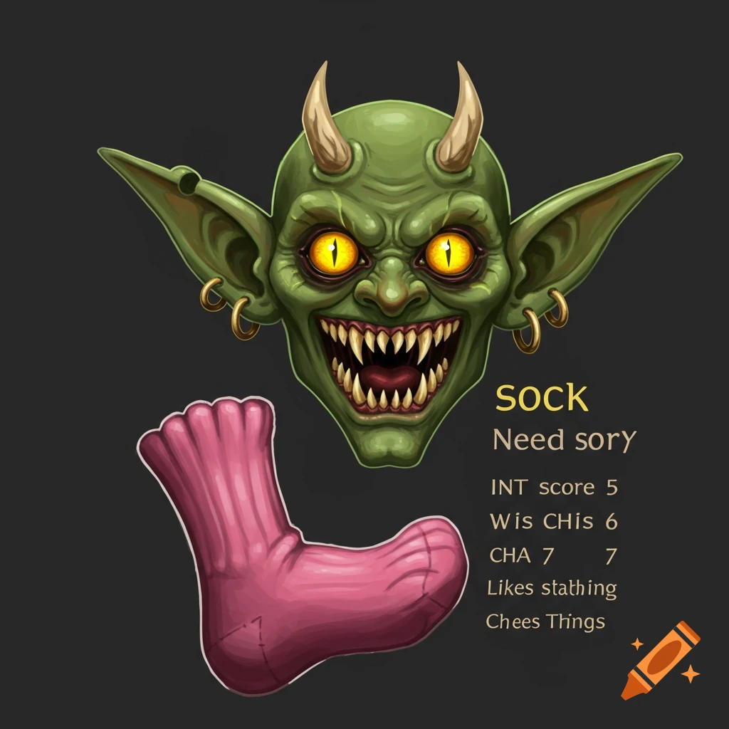 Stylized illustration of a green goblin head with sharp teeth, a pink sock, and character stats text.