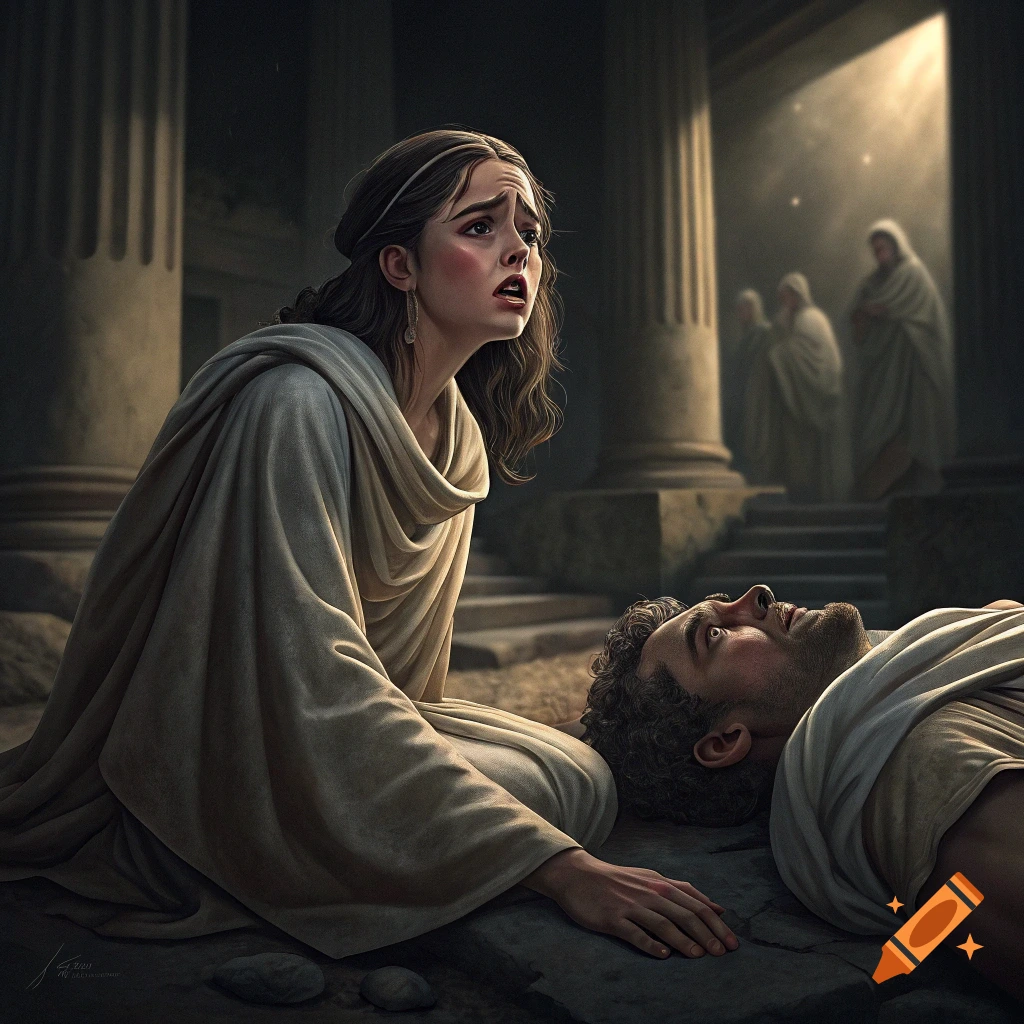 Woman in toga cries over man on ground in ancient setting