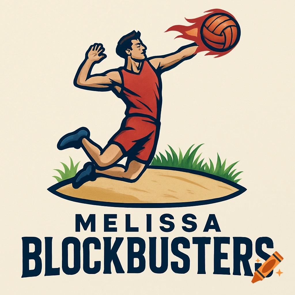 A stylized logo of a male volleyball player jumping and hitting a flaming ball, with text below reading "MELISSA BLOCKBUSTERS".