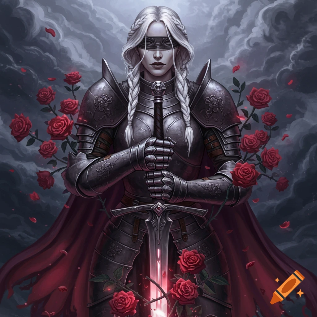 A blindfolded woman in dark armor holds a glowing sword entwined with roses, under stormy skies.