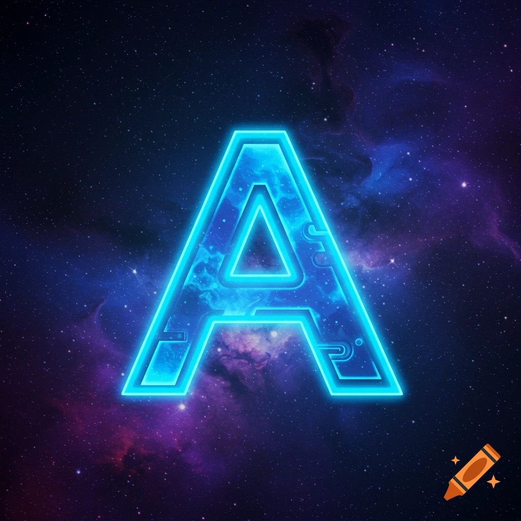 Blue neon letter A against a galaxy background.