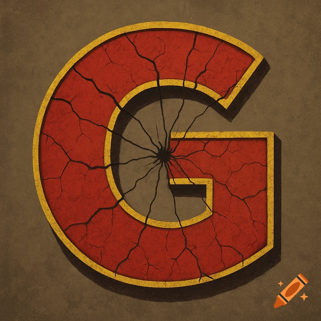 A red letter G with a yellow outline, covered in cracks, against a textured brown background.