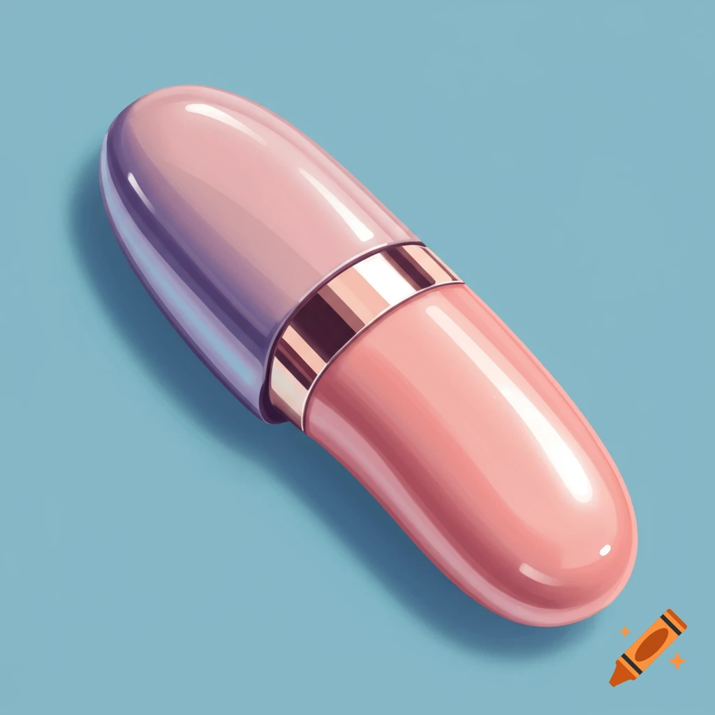 Stylized illustration of a pink and silver lip gloss case on a blue background.