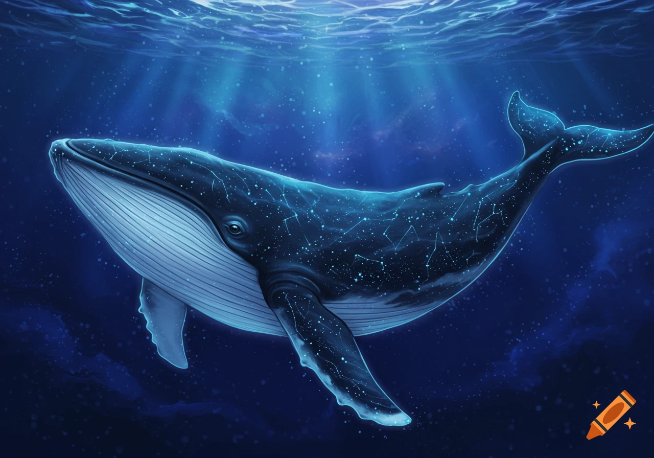Fantasy art of a whale with constellations on its body swimming underwater with light rays.
