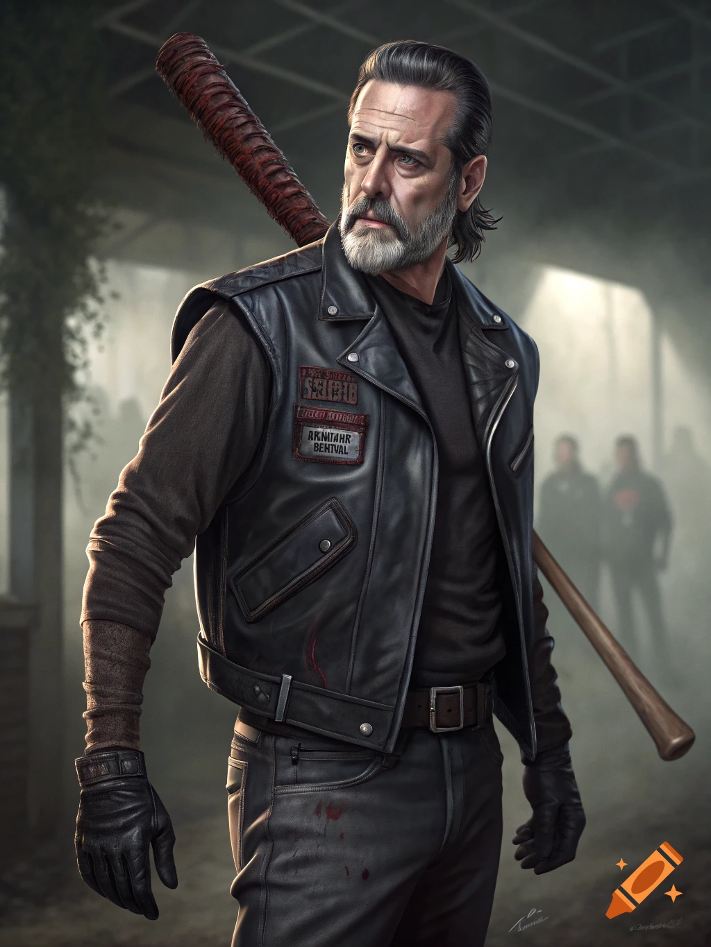 Man dressed as Negan from The Walking Dead holding a barbed wire bat.