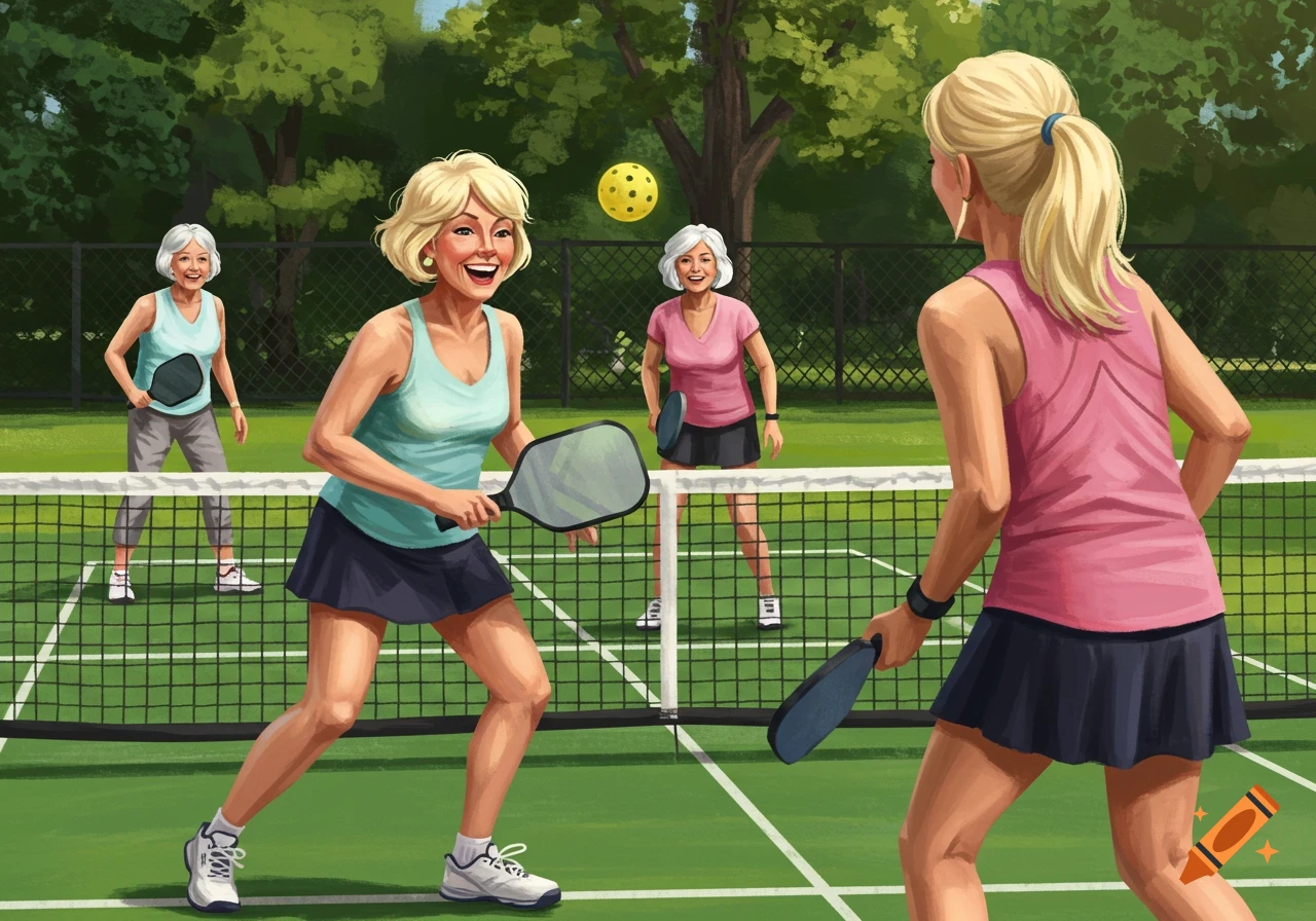 Illustration of four older women playing pickleball on an outdoor court.