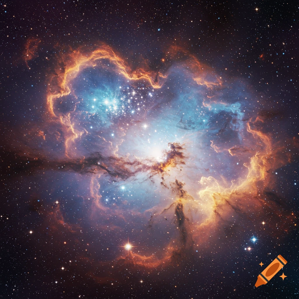 A colorful nebula with bright stars and gas clouds.