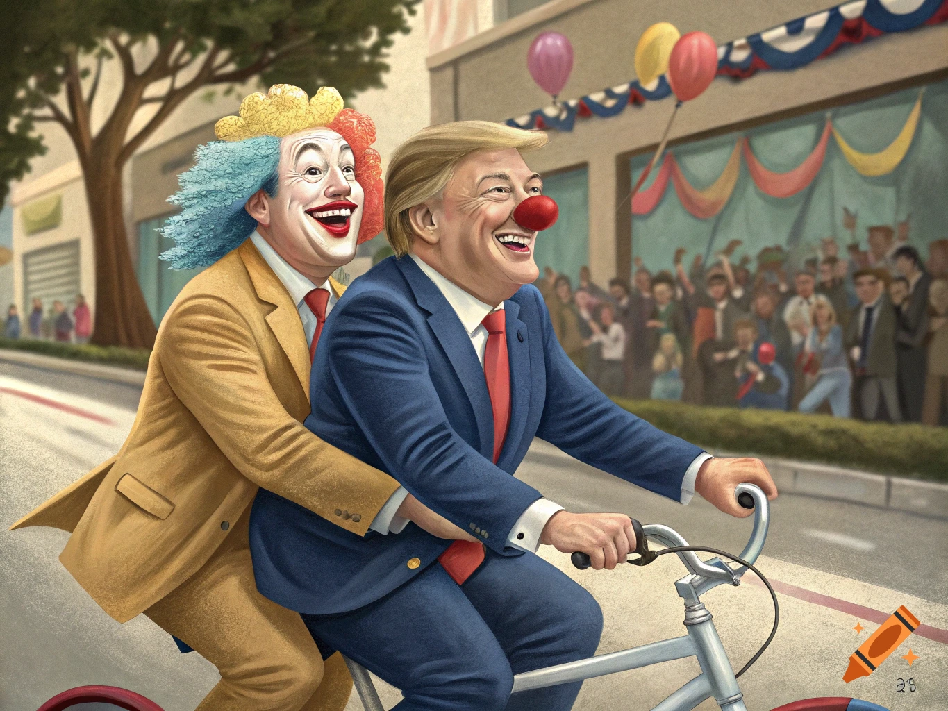 Illustration of Donald Trump and another person dressed as clowns riding a tandem bicycle.