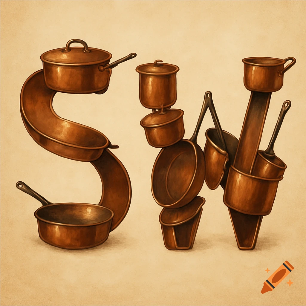 The letters SW formed by copper pots and pans in a painted style.