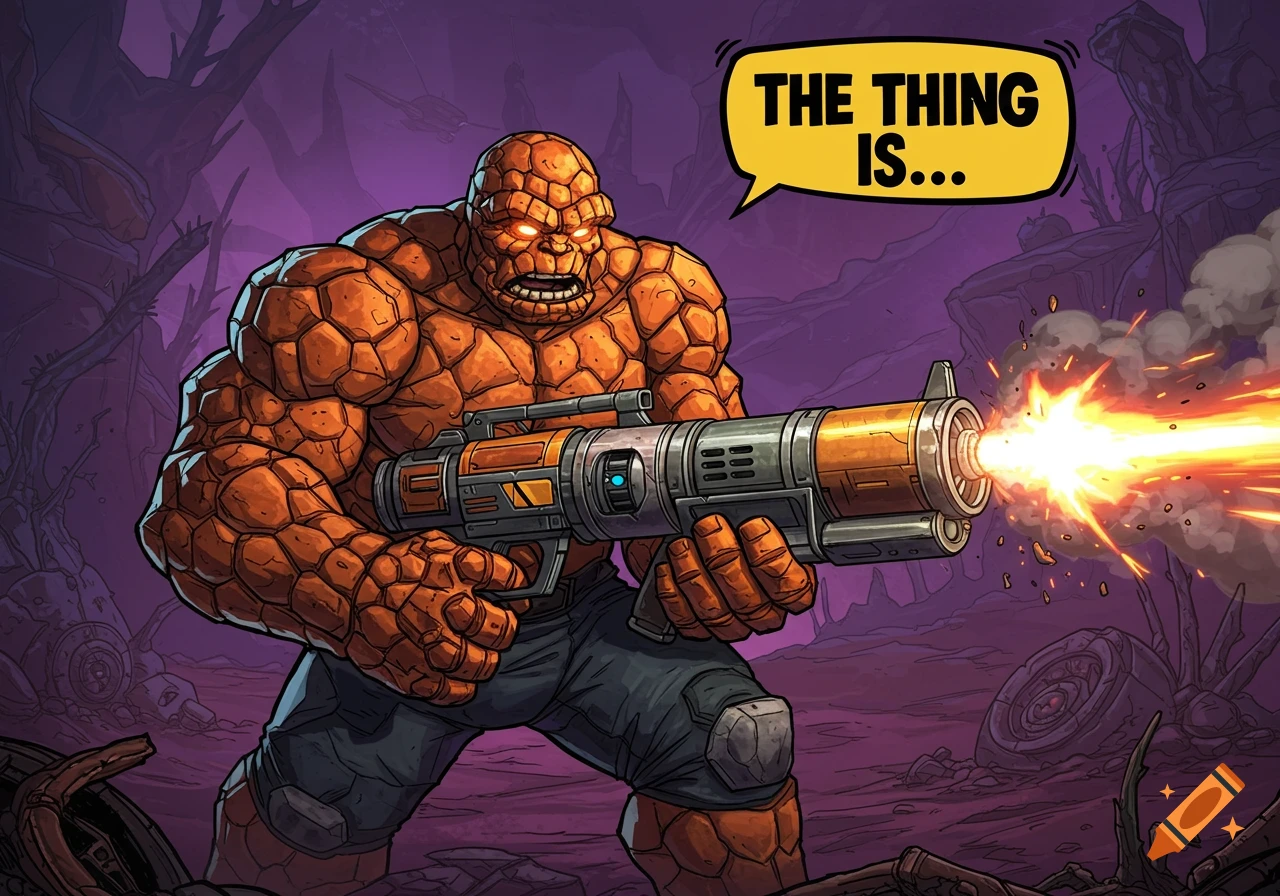 The Thing from Marvel in Borderlands style, firing a large futuristic weapon with a speech bubble saying 'The Thing Is...'.