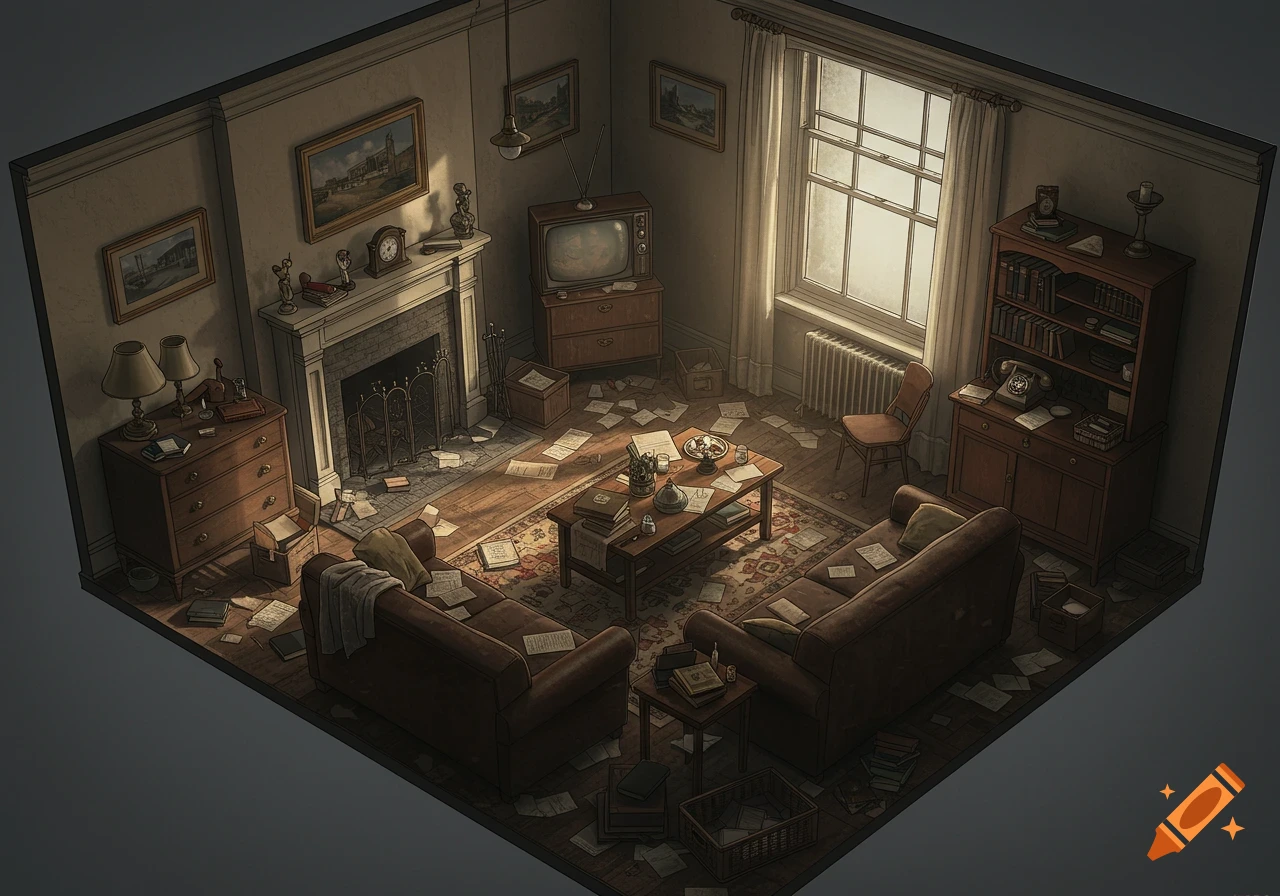 An isometric view of a messy room filled with papers, furniture, a fireplace, and a large window.