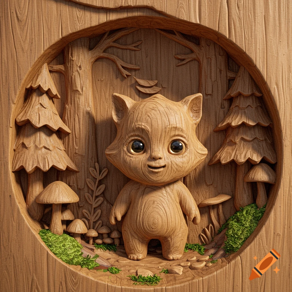 A detailed wood carving of a cute forest spirit creature with large eyes, surrounded by carved trees, mushrooms, and moss.