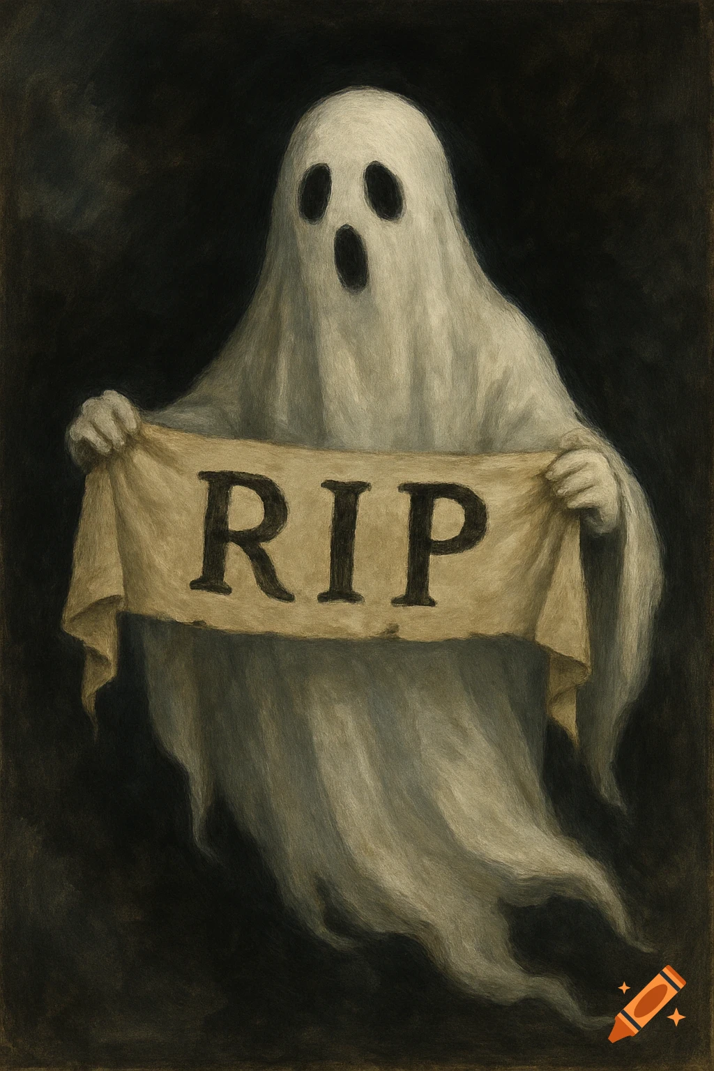 A spooky ghost holds a banner that reads RIP in a dark, painted style.