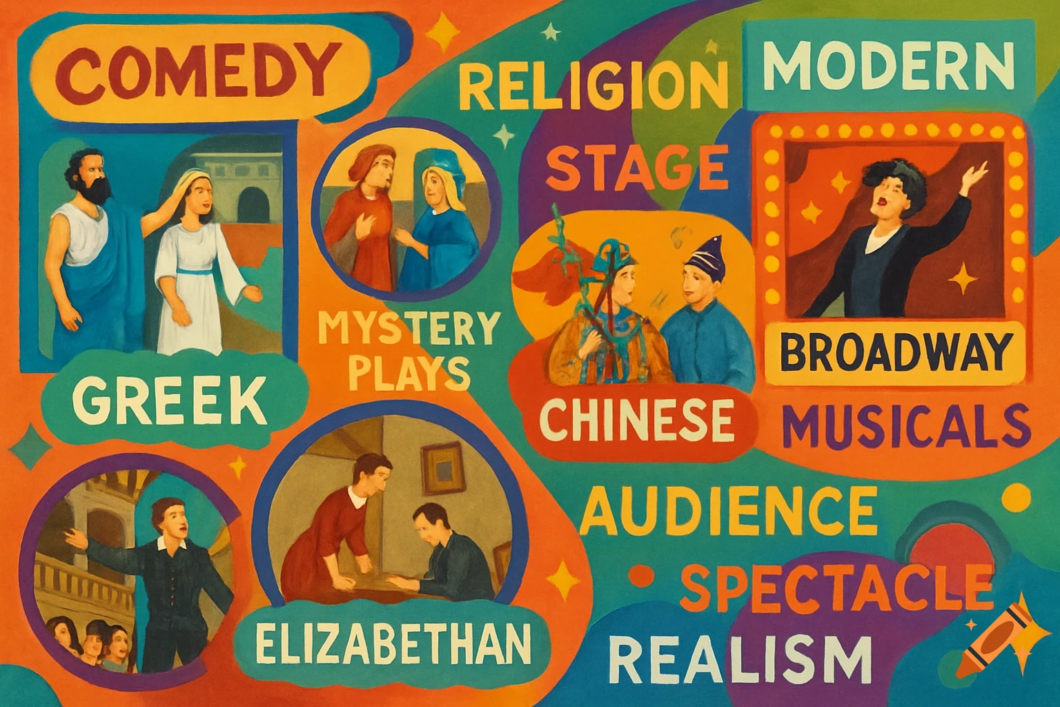 Colorful collage illustrating theatre history with scenes from Greek, Mystery Plays, Elizabethan, Chinese, and Modern eras, featuring terms.