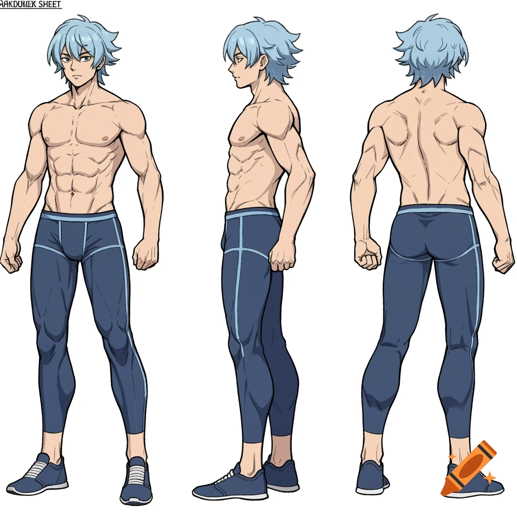 Anime character sheet of a muscular male figure in athletic tights.